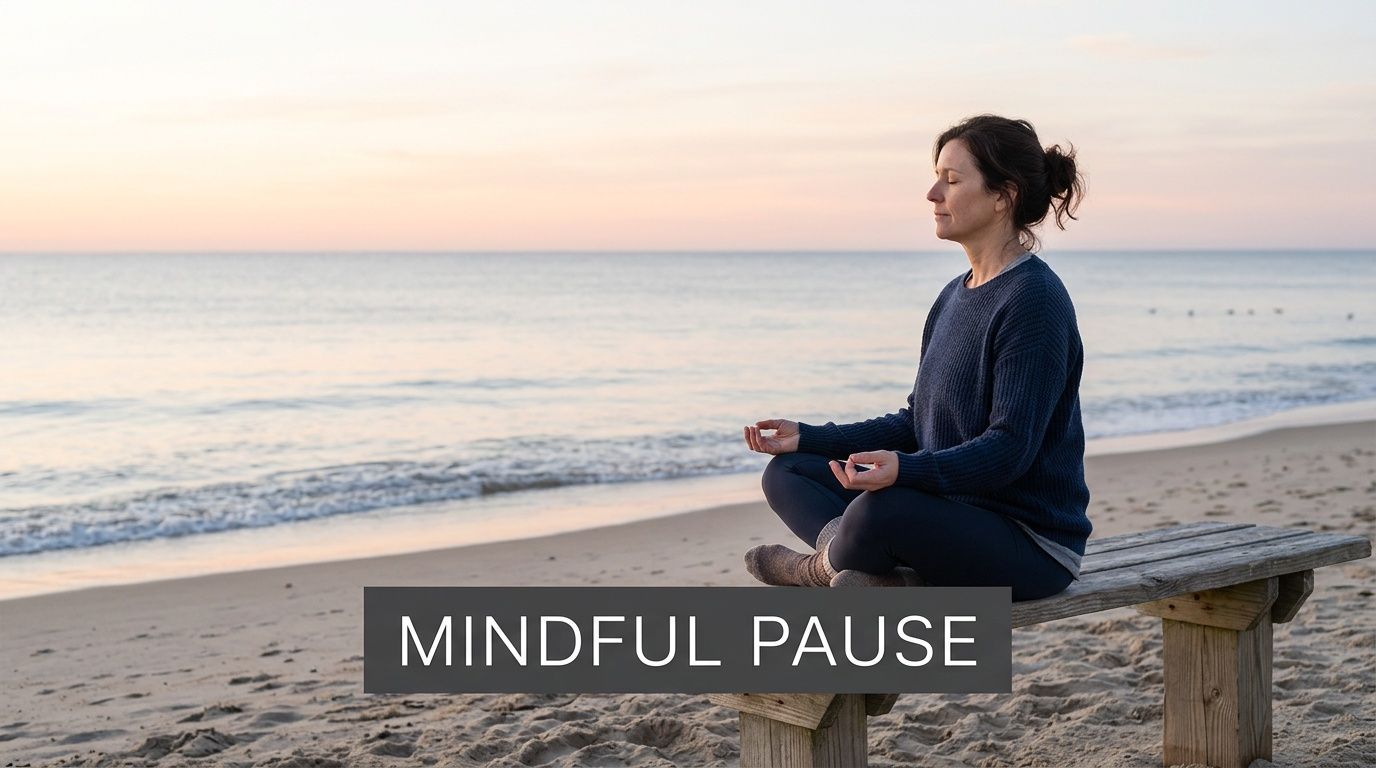 A woman meditating on a wooden bench at the beach during a calm sunrise for mindfulness.