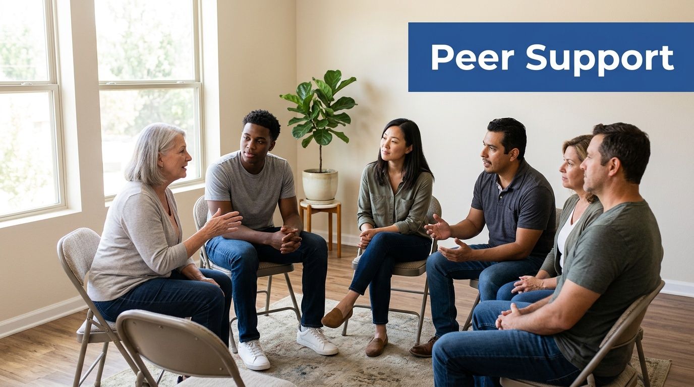 A diverse group of adults sitting in a circle chairs during a peer support group therapy session.