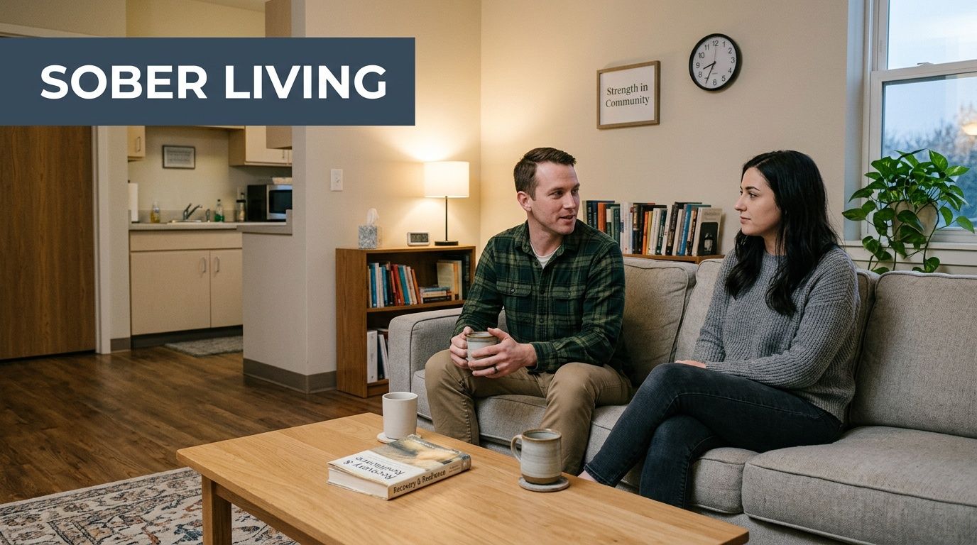 A man and woman sitting on a couch in a sober living apartment having a conversation.