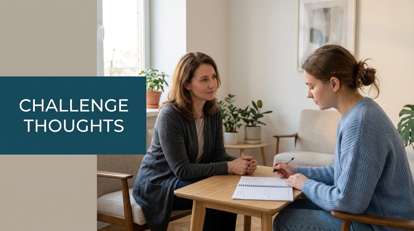 A professional counselor sits with a young woman in a therapy session, offering support and guidance.