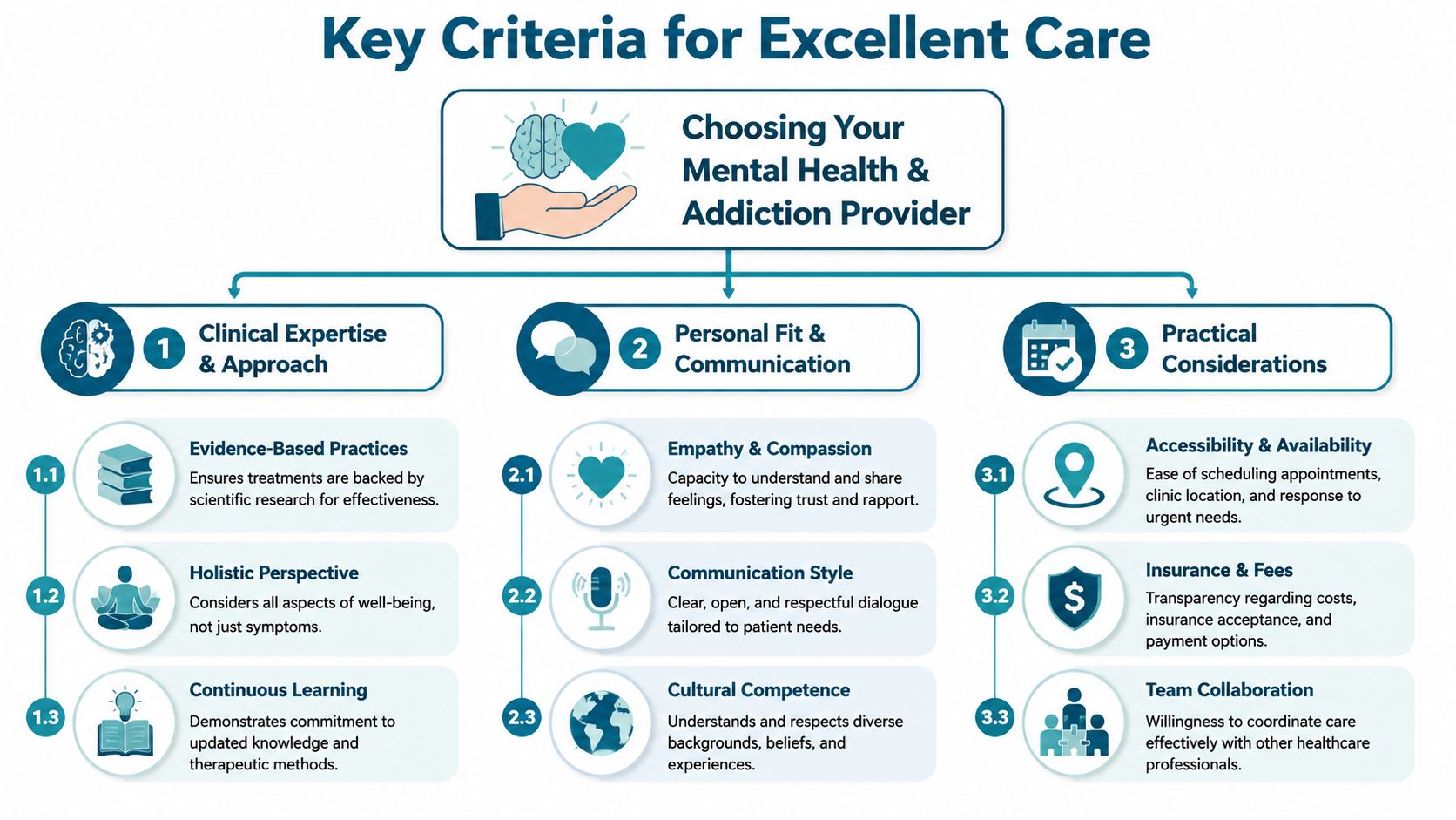 An infographic outlining key criteria for choosing a mental health and addiction care provider, including three core categories.