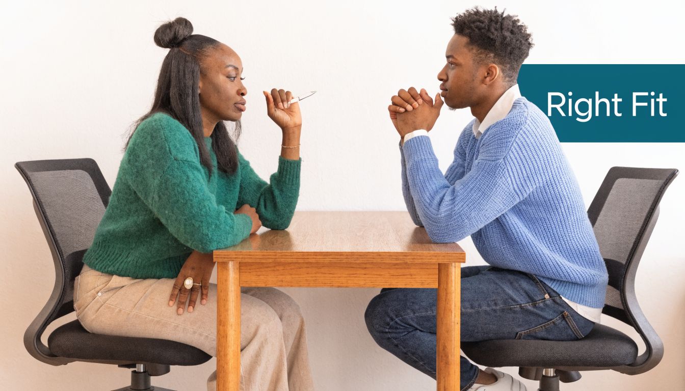 A woman and a man sitting opposite each other at a wooden table in a professional setting.