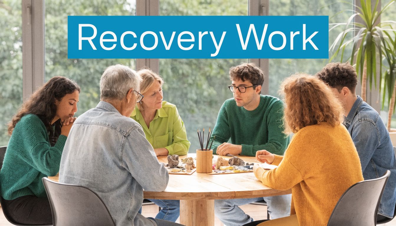 A diverse group of people sitting around a circular wooden table participating in a therapy session.
