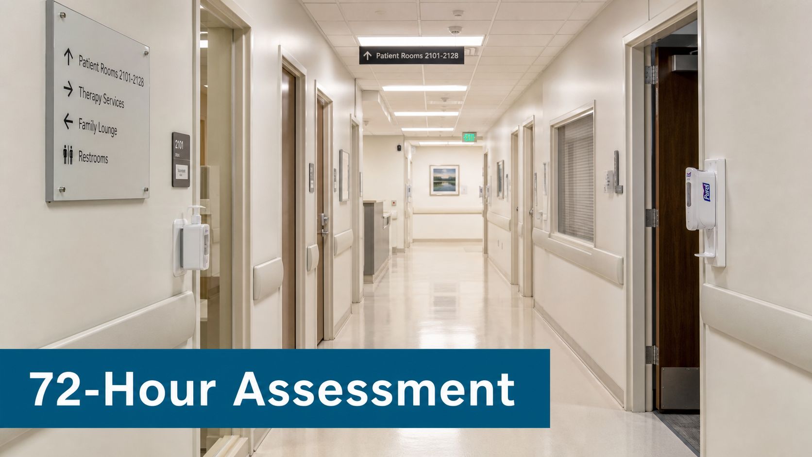 A long, quiet hospital hallway with white walls and doors leading to various patient rooms.