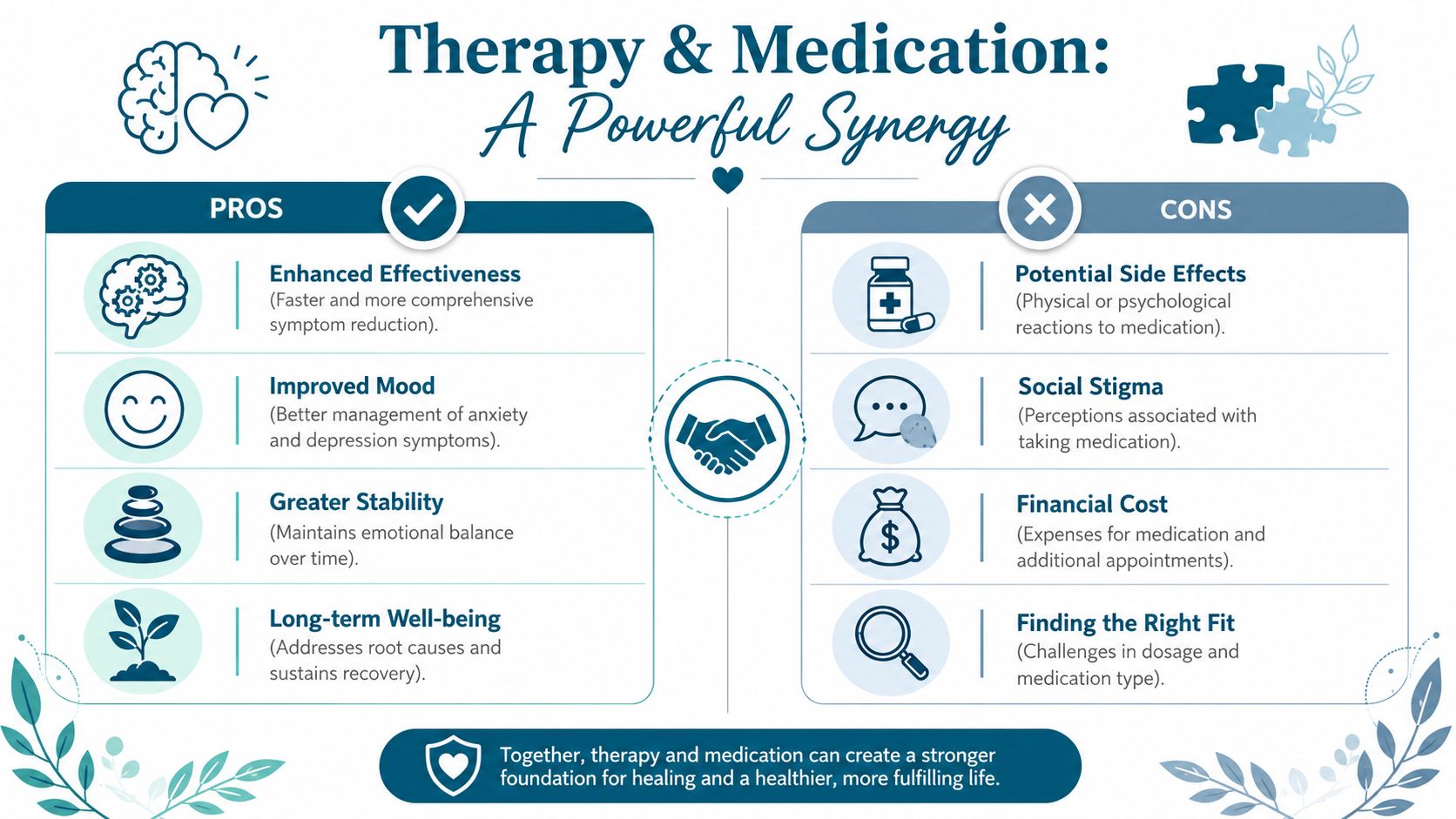 An infographic titled Therapy and Medication comparing the advantages and disadvantages of combining mental health treatment approaches.