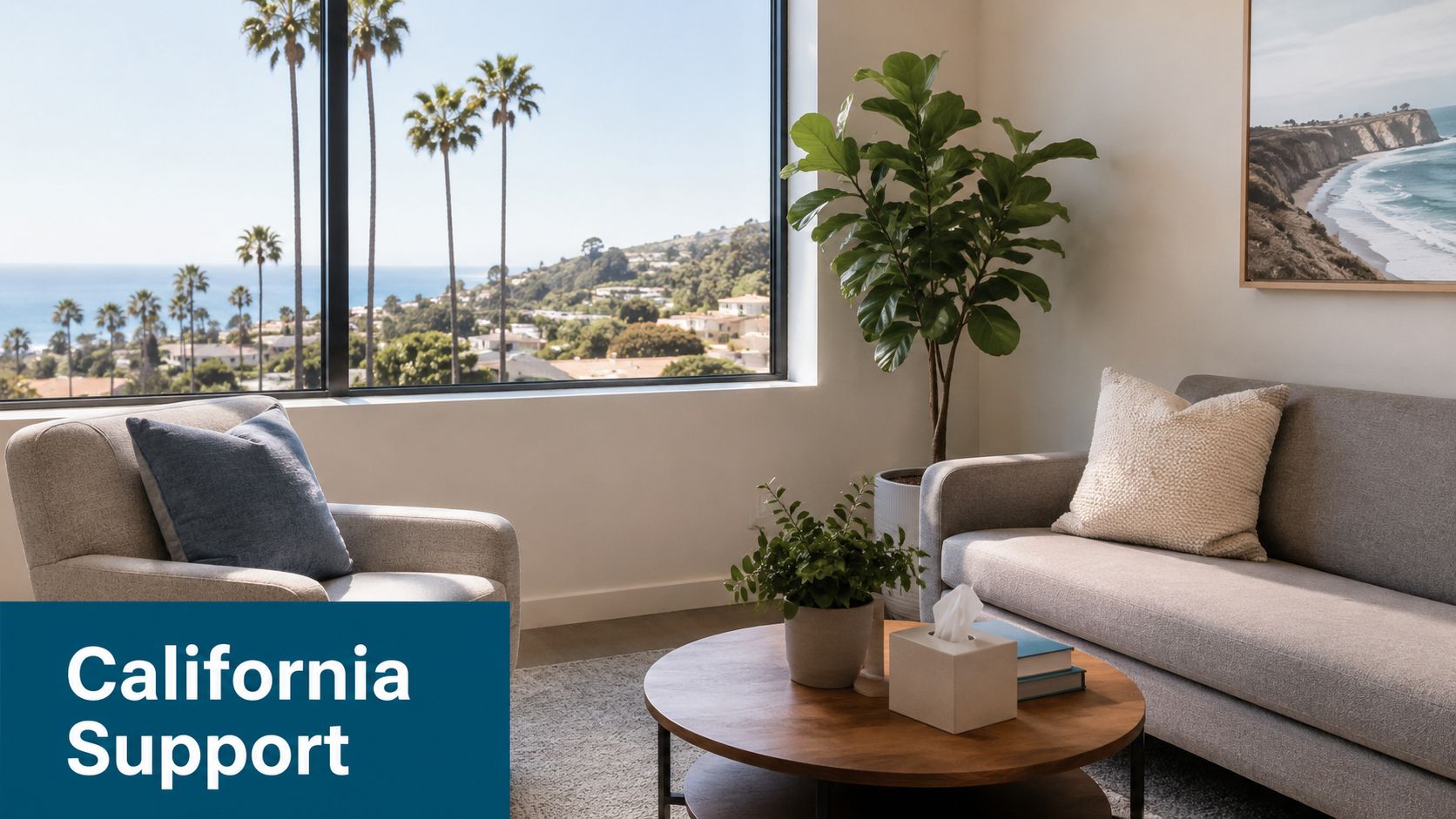 A modern, bright therapy office featuring a comfortable couch, armchair, and a large window with ocean views.