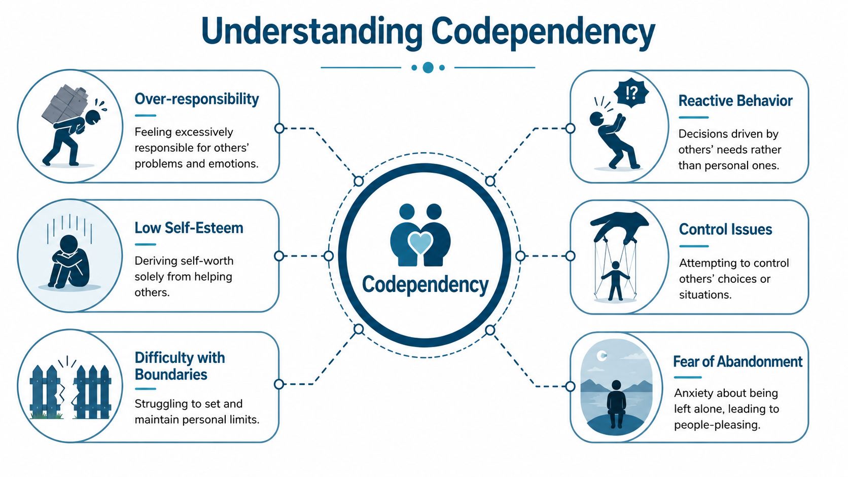 A diagram illustrating six key signs and symptoms of codependency in relationships and personal behavior.