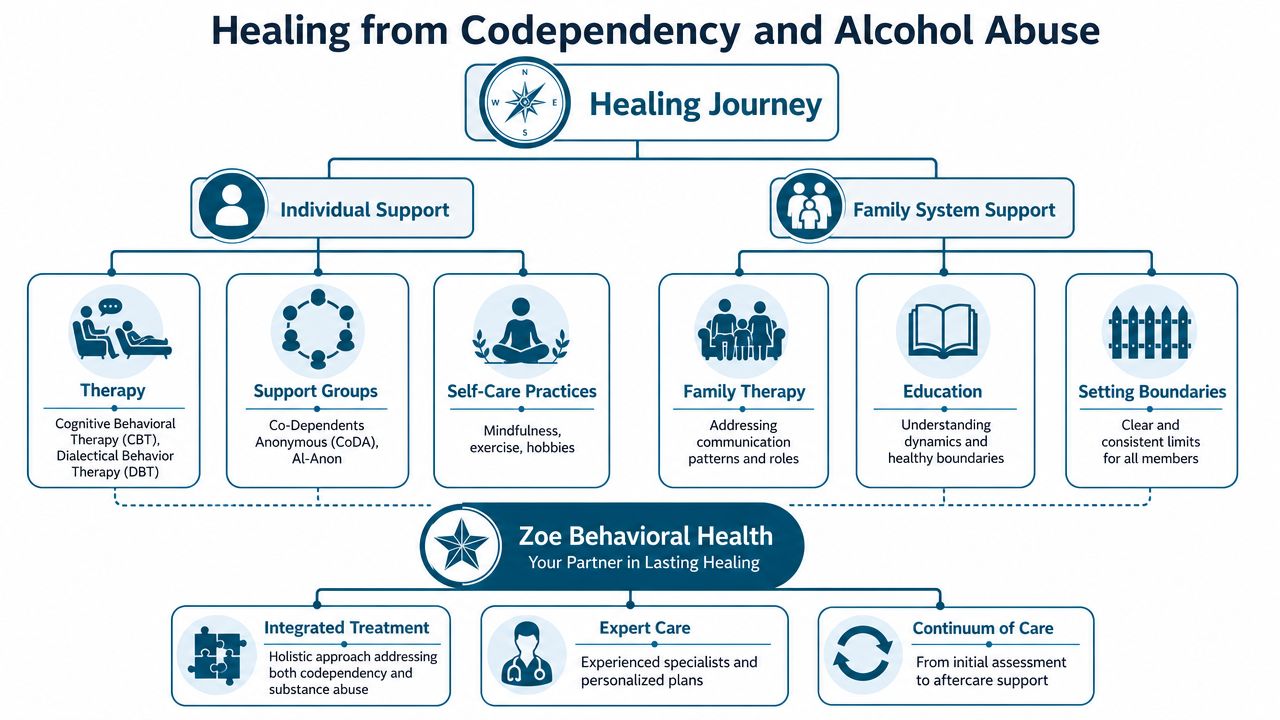 A flowchart detailing a comprehensive healing journey from codependency and alcohol abuse through various support systems.