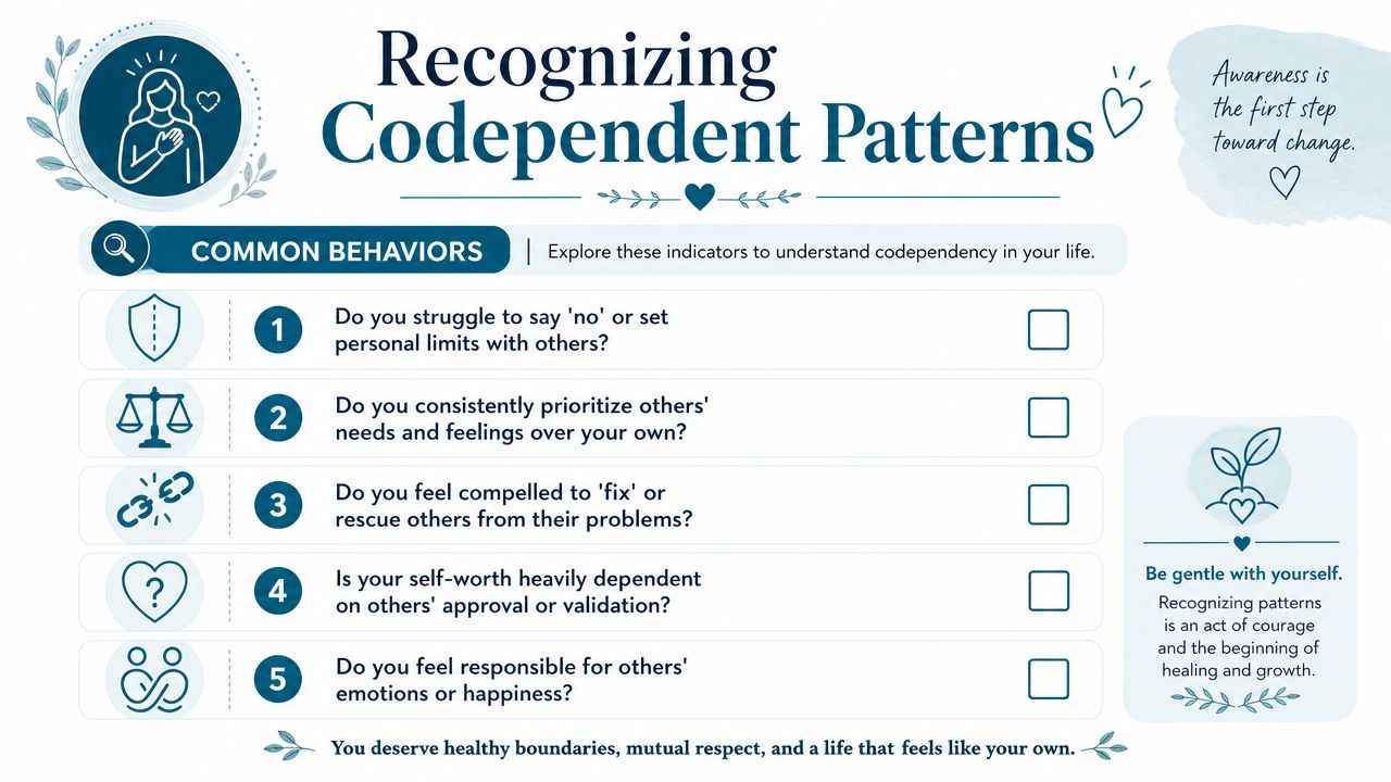 A checklist infographic titled Recognizing Codependent Patterns, listing five common behaviors to identify codependency issues.