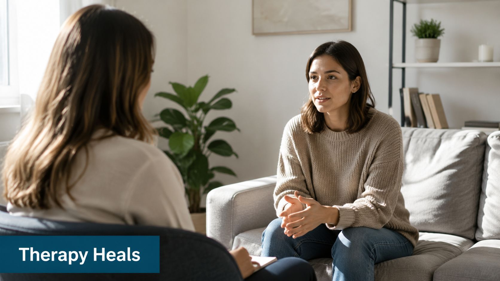 A young woman sits on a couch talking to a therapist during a mental health counseling session.