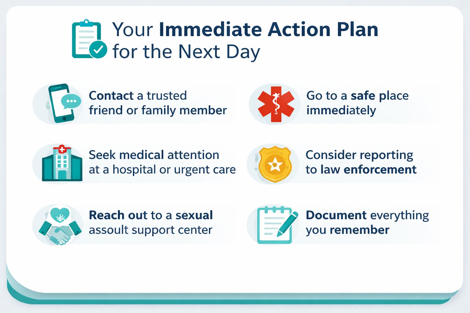 An immediate action plan infographic listing steps to take after a sexual assault or drugging incident.