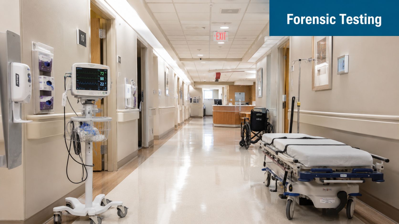 A quiet hospital hallway with medical equipment including a monitor on a stand and a gurney.