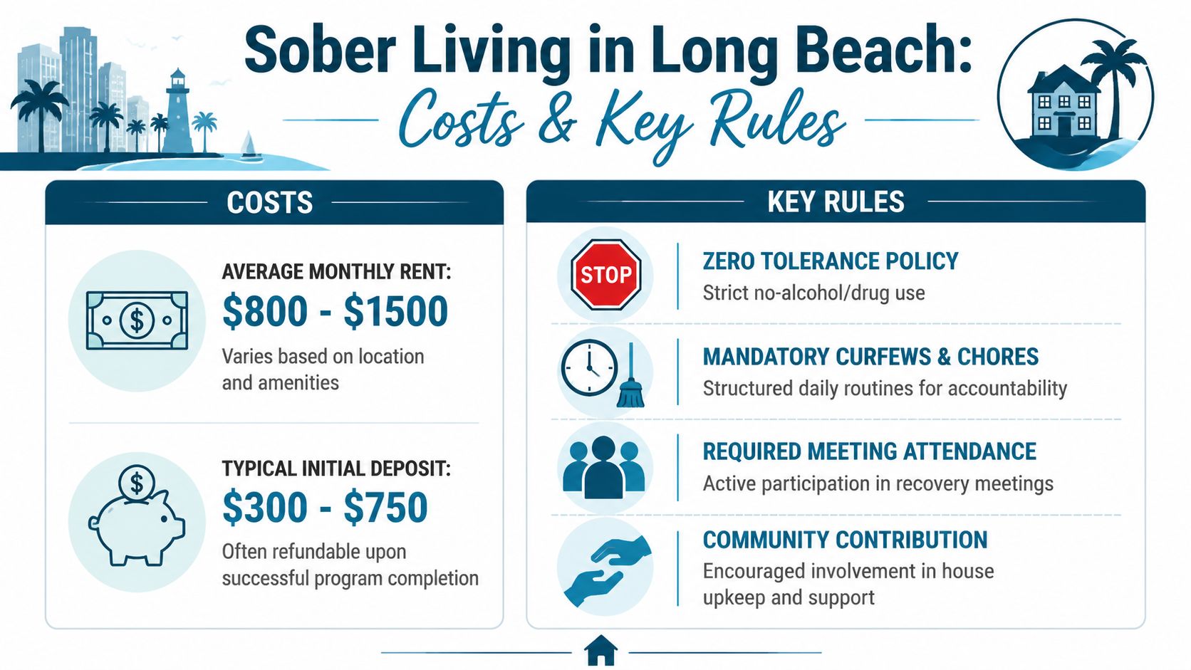 An infographic detailing the costs and key rules for sober living residences in Long Beach, California.
