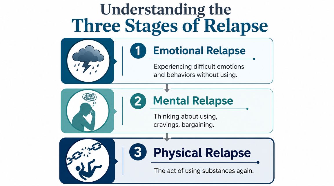 An infographic illustrating the three stages of relapse: emotional, mental, and physical, using icons and descriptions.