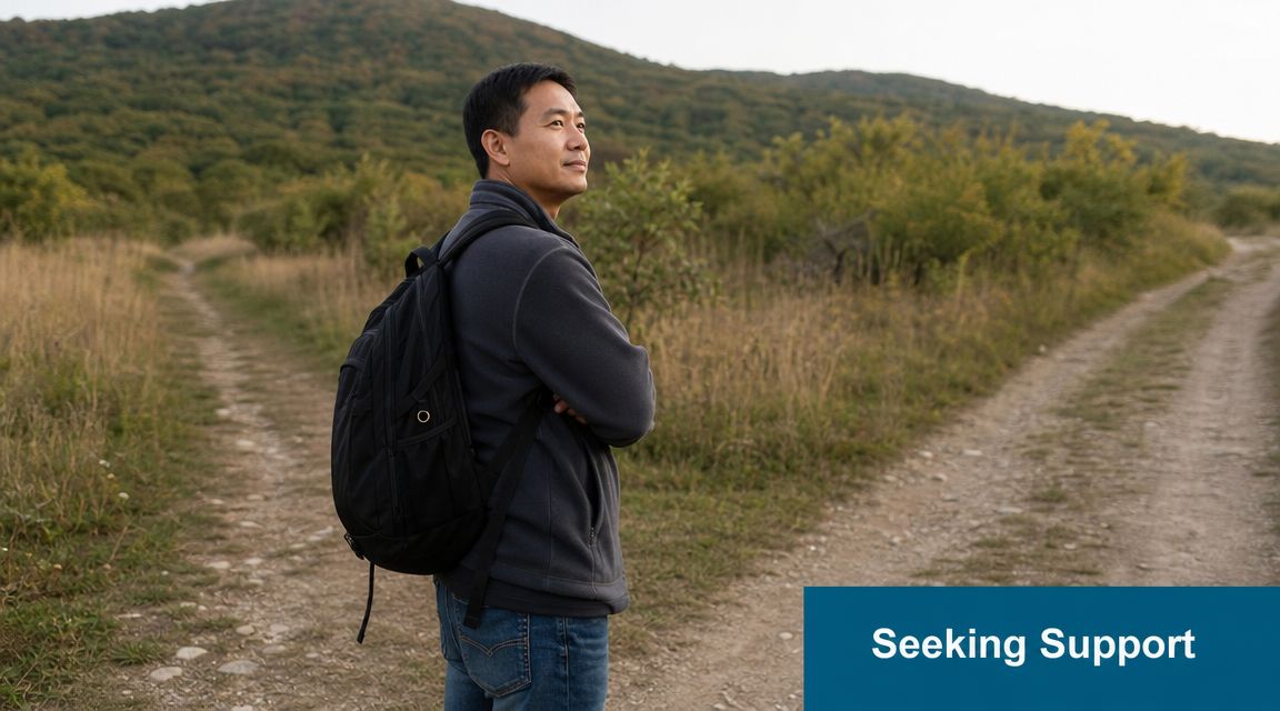 A man wearing a backpack standing at a fork in a dirt path in nature.