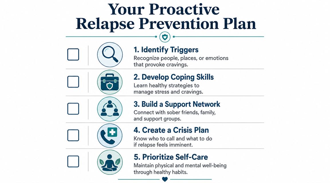 A five-step proactive relapse prevention plan graphic with check boxes for sobriety and recovery goals.