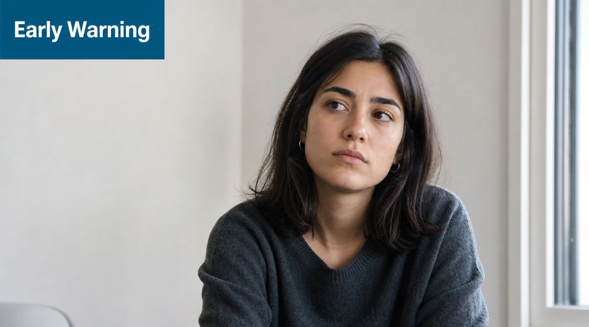 A thoughtful woman looking off to the side, reflecting on potential early warning signs of a relapse.