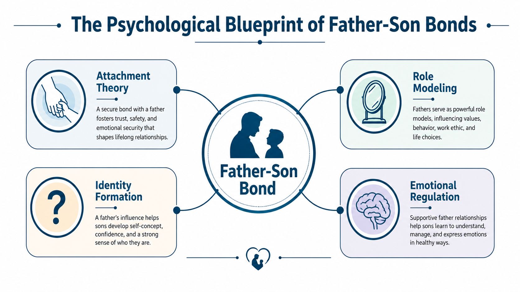 A psychological infographic detailing the four key developmental components of a healthy father-son bond.