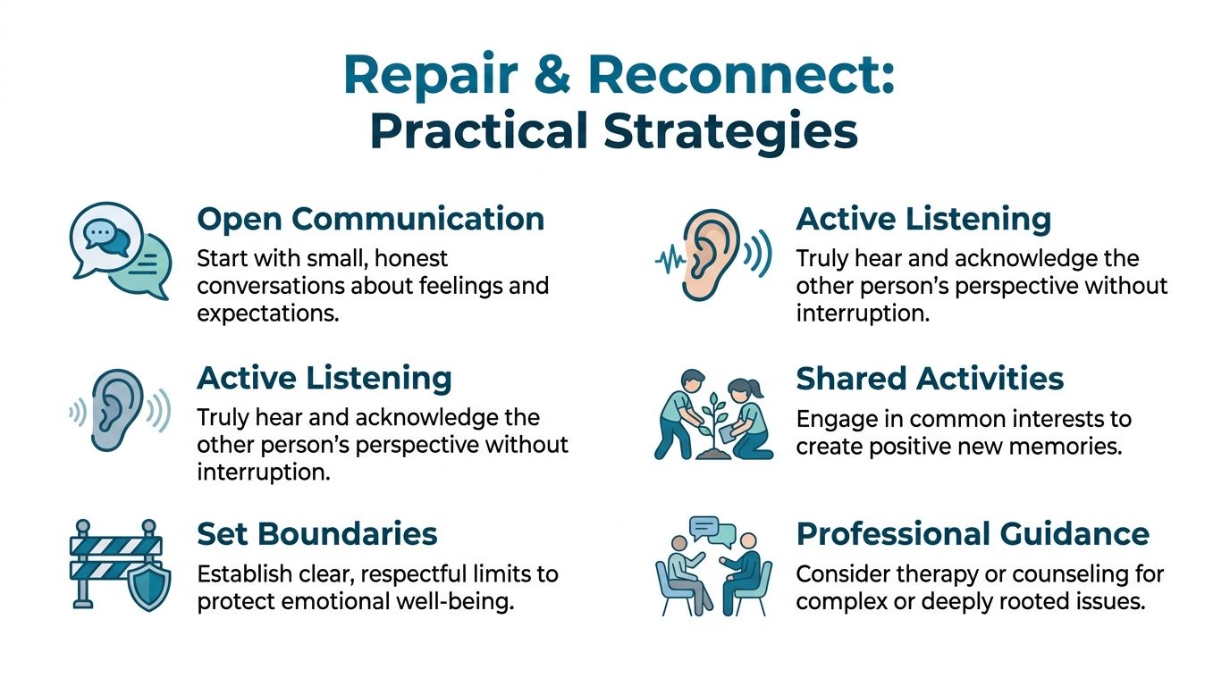 An infographic titled Repair and Reconnect outlining practical strategies for improving relationships through communication and activities.