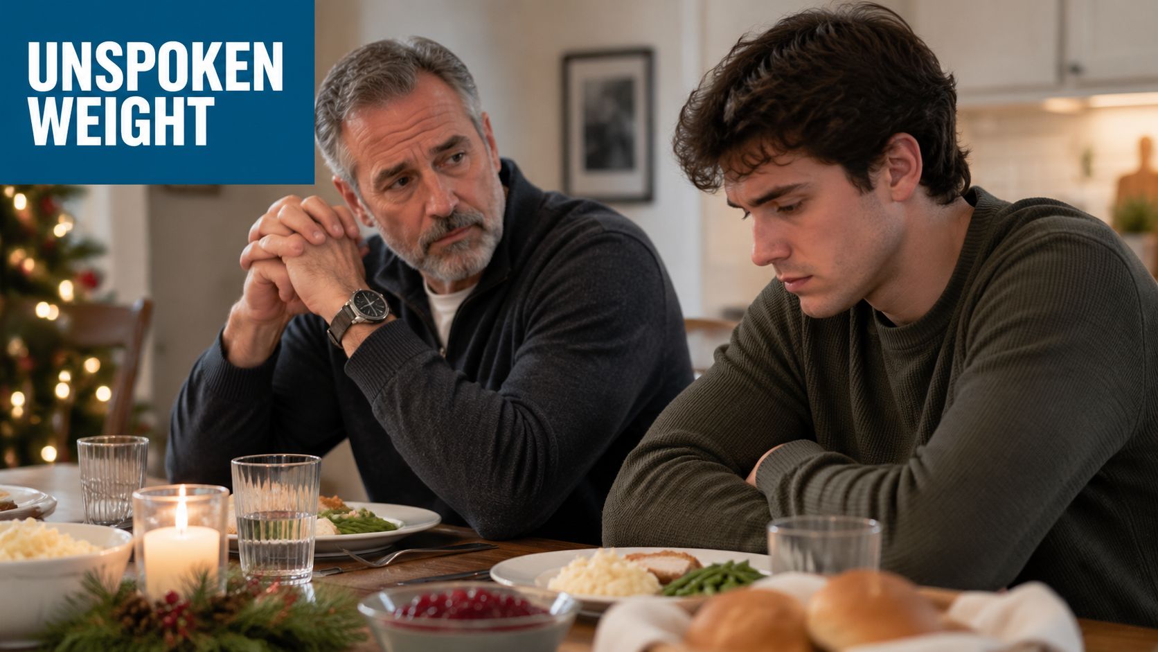 An older man and his son sitting at a dinner table in a tense, serious conversation.