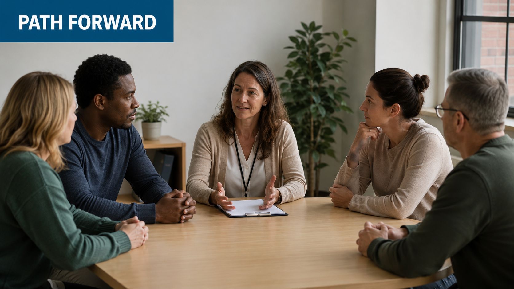 A professional counselor leading a support group session with four diverse adults sitting around a wooden table.