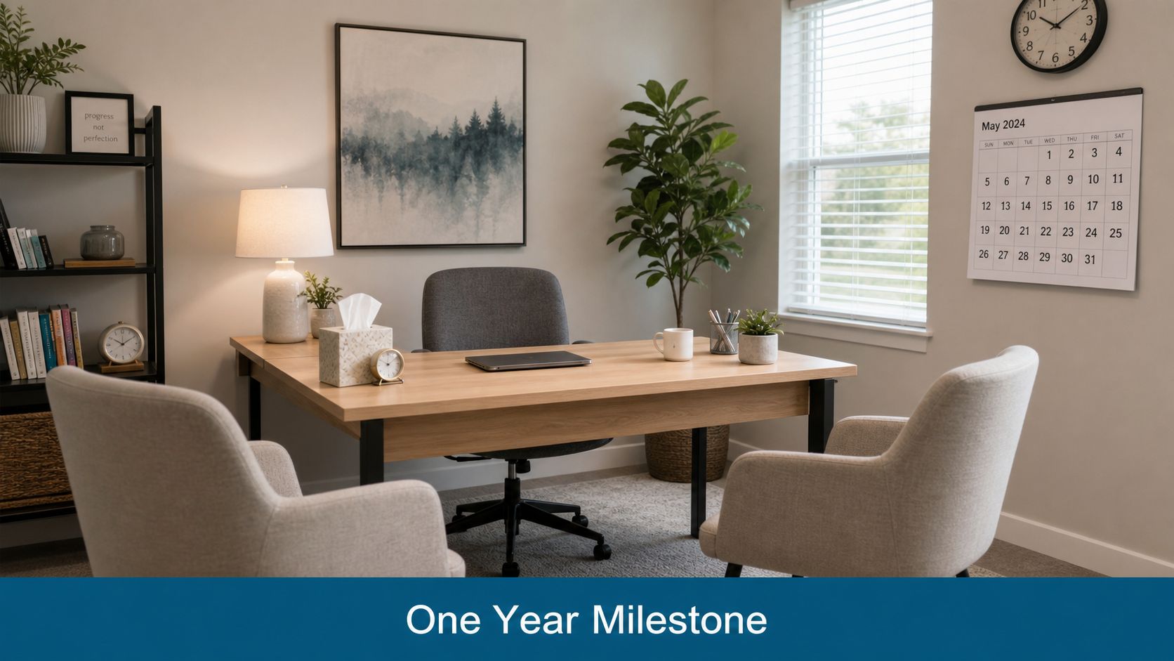 A modern and organized home office workspace with a wooden desk, chairs, plants, and a calendar.