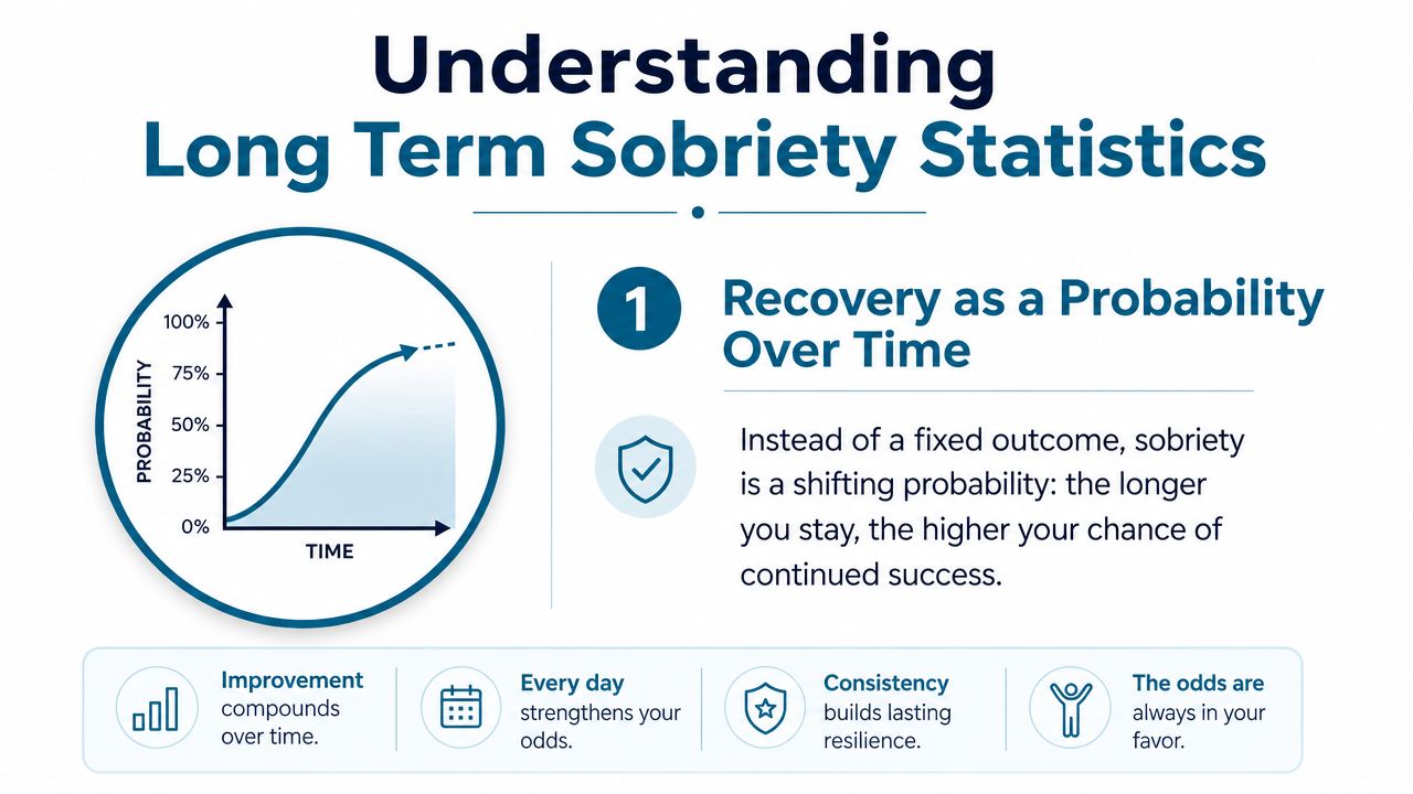 An infographic showing that recovery probability increases over time, emphasizing consistency and cumulative improvement in sobriety.