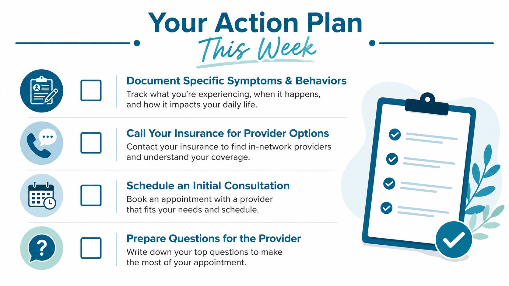 A checklist infographic titled Your Action Plan This Week detailing steps for seeking medical or therapy services.