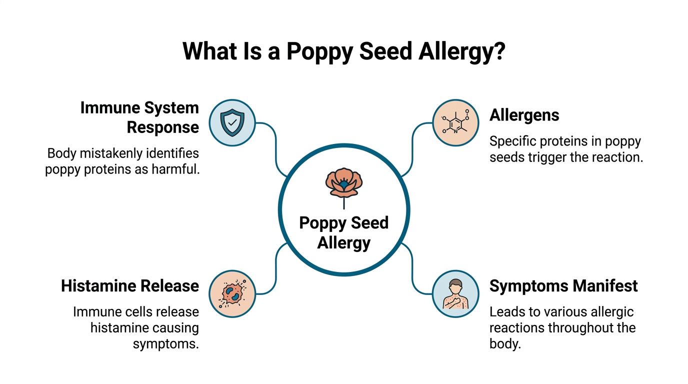 A diagram explaining poppy seed allergy, showing immune response, allergens, histamine release, and symptoms manifestation.