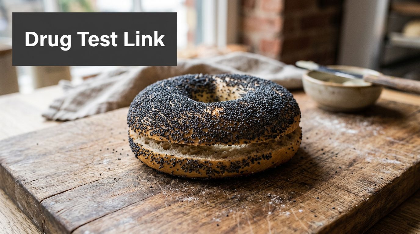 A fresh poppy seed bagel resting on a rustic wooden cutting board in a kitchen setting.