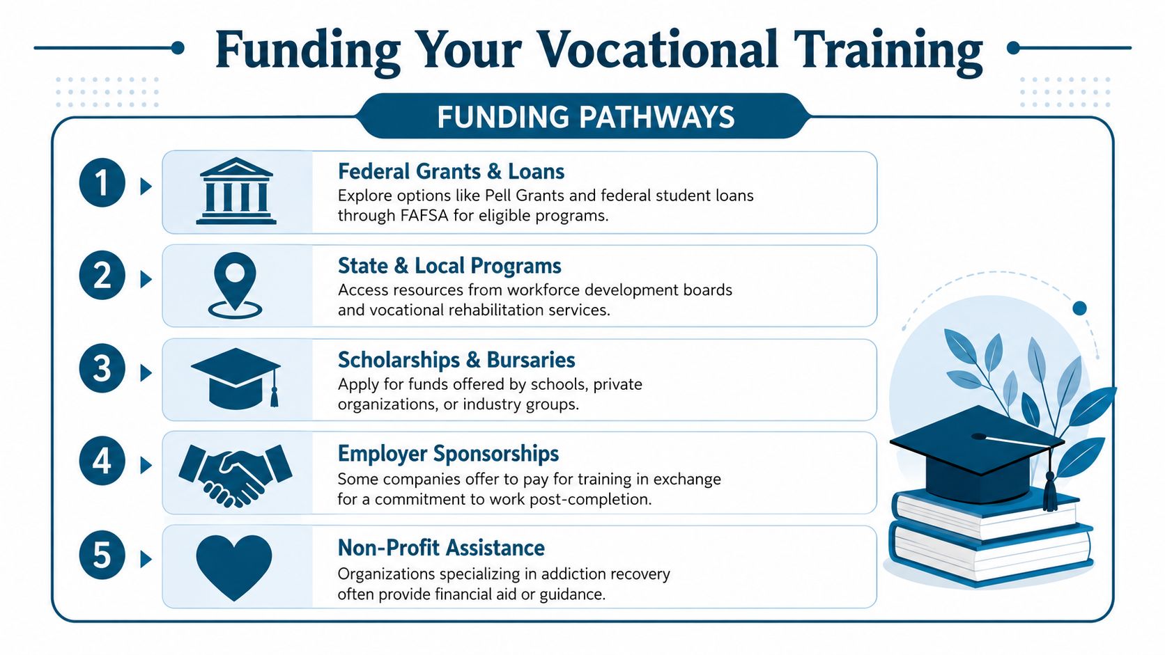 An infographic titled Funding Your Vocational Training listing five pathways to financial aid for students.