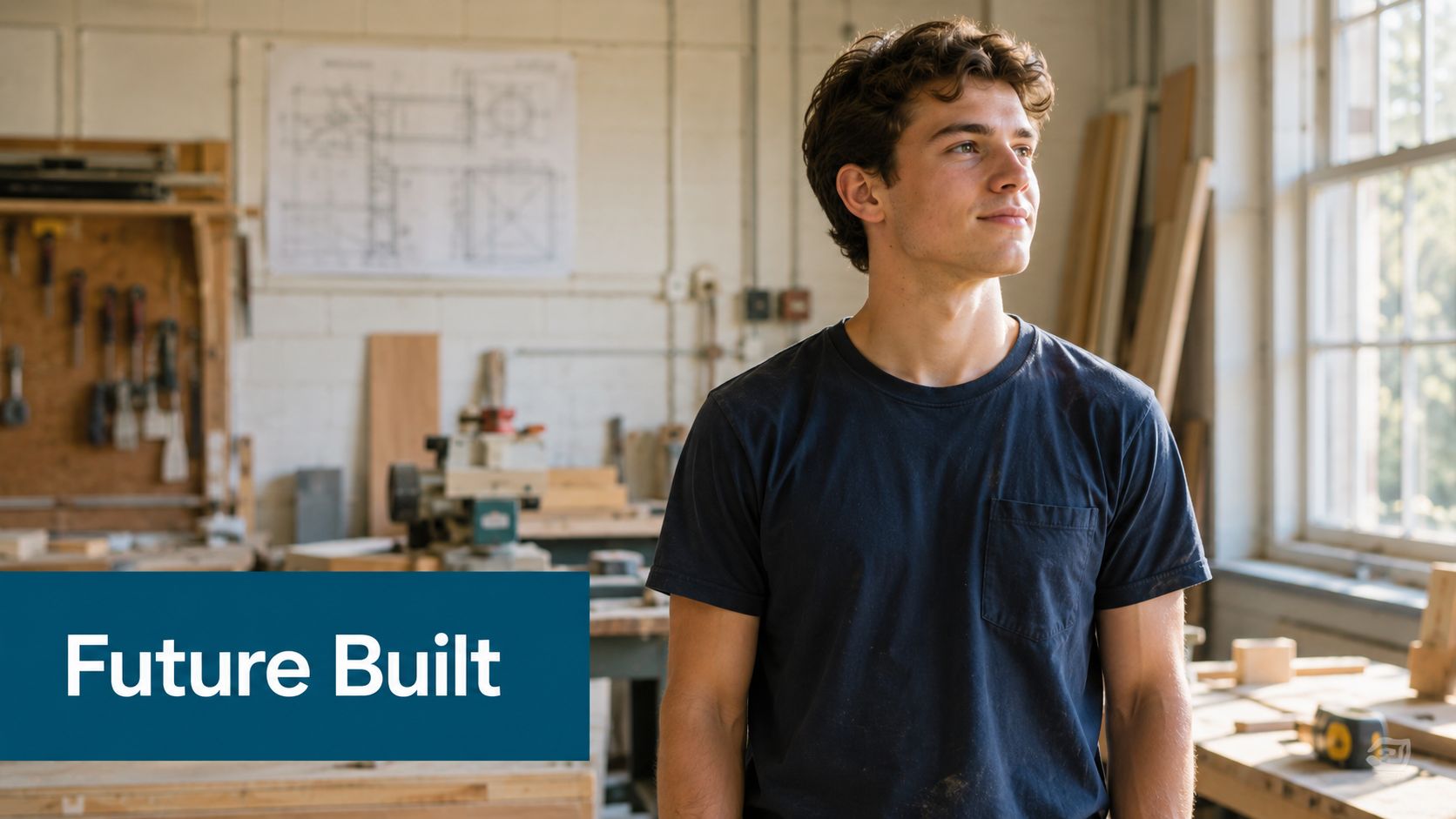 A young male student standing in a bright workshop space during his vocational training program session.