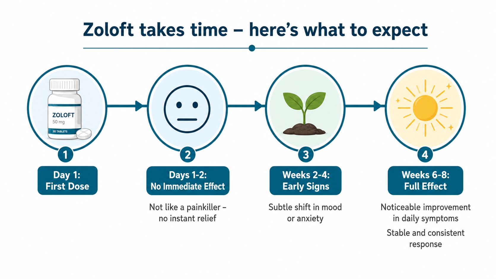 A timeline graphic showing the expected timeline for Zoloft to become effective from day one to eight weeks.