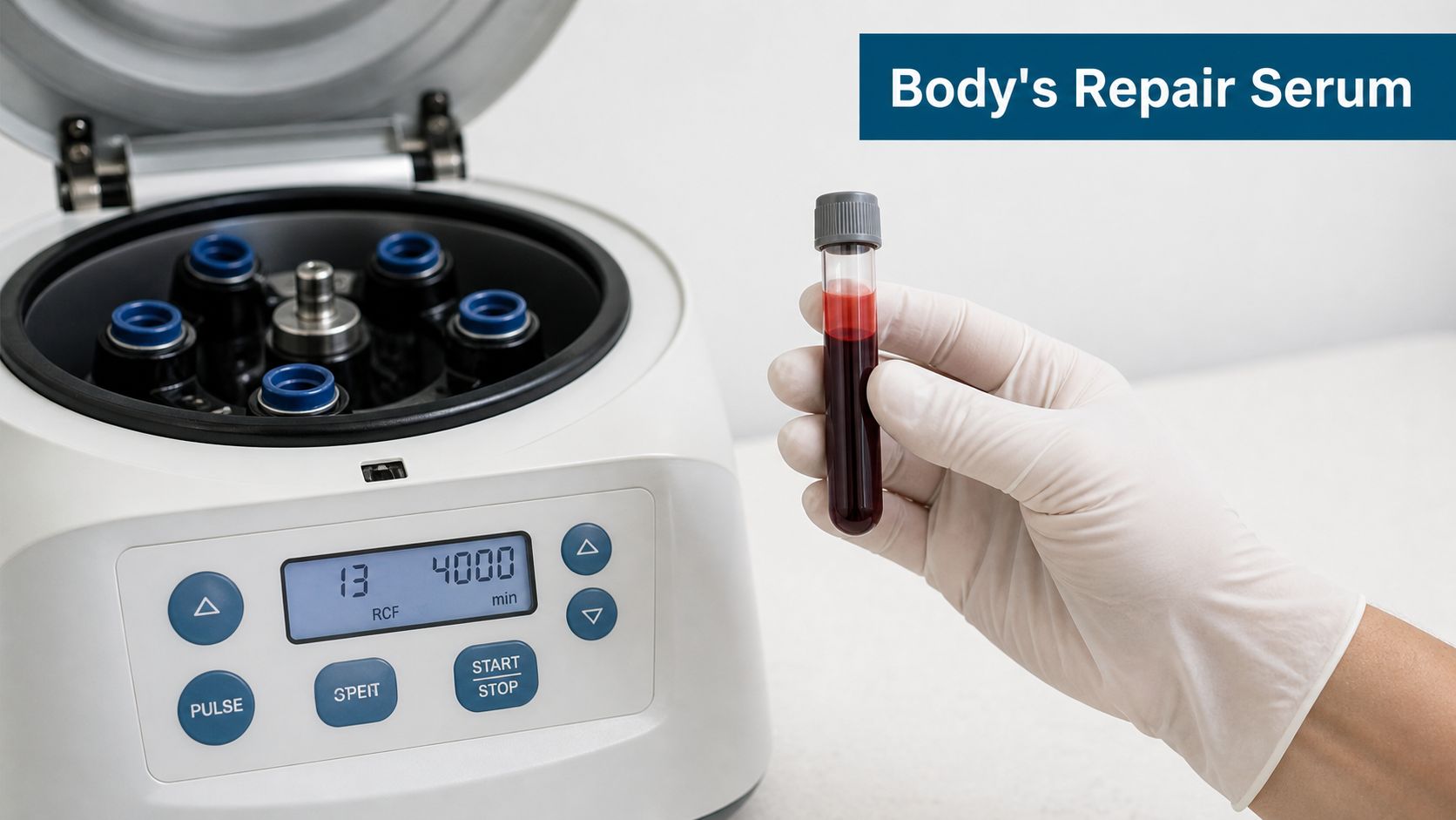A laboratory professional in a glove holds a blood sample tube next to a medical centrifuge device.
