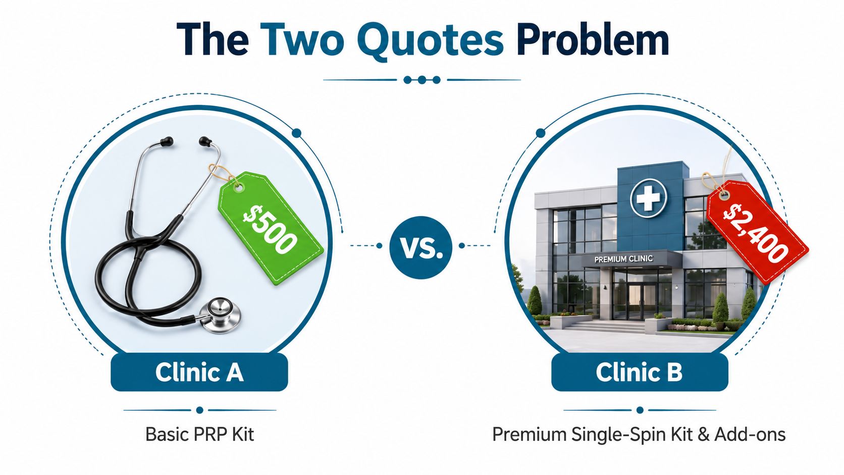 A comparison graphic showing Clinic A with a $500 cost versus Clinic B with a $2,400 cost.