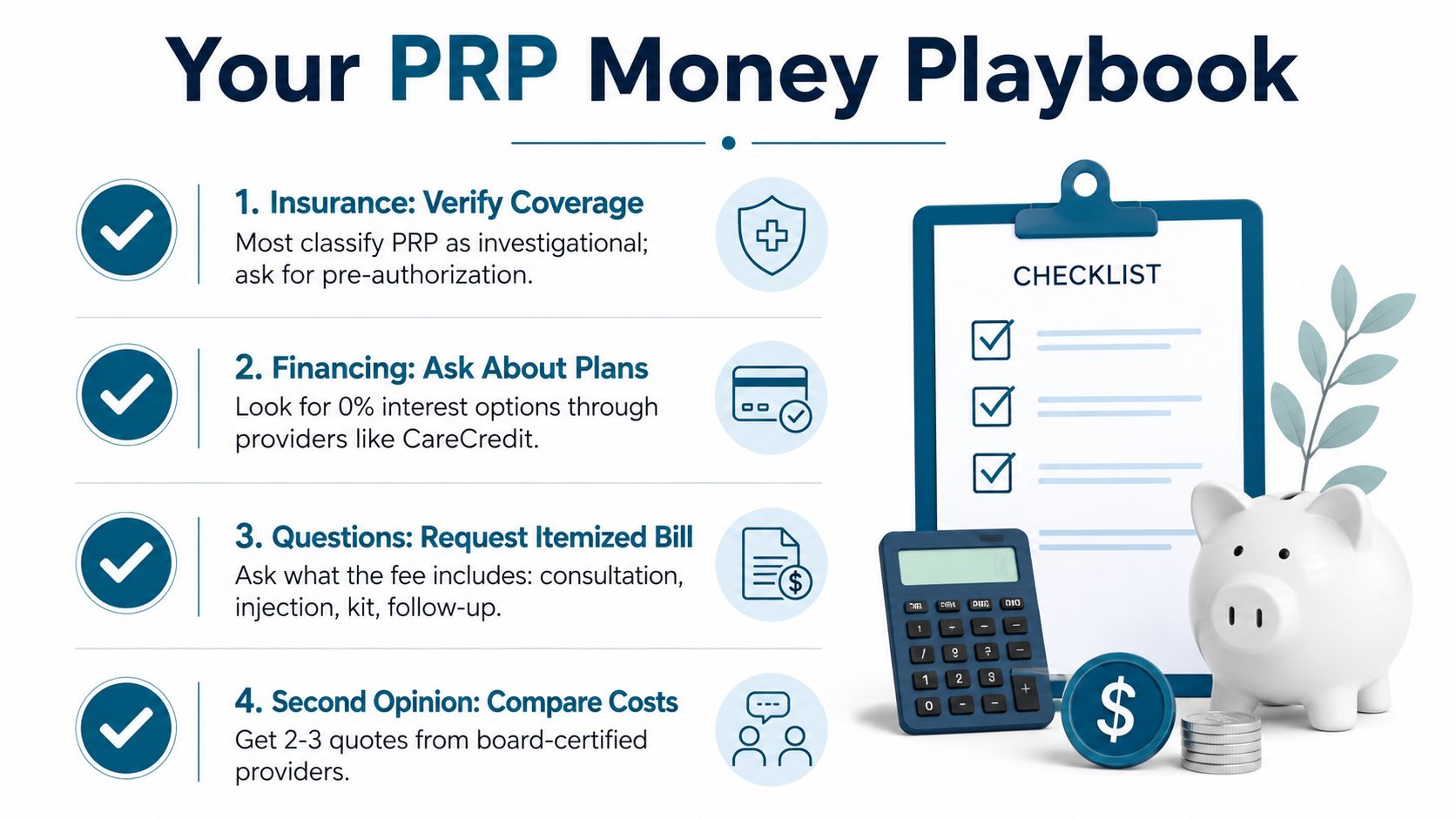 A checklist infographic titled Your PRP Money Playbook showing steps to manage the cost of PRP treatments.