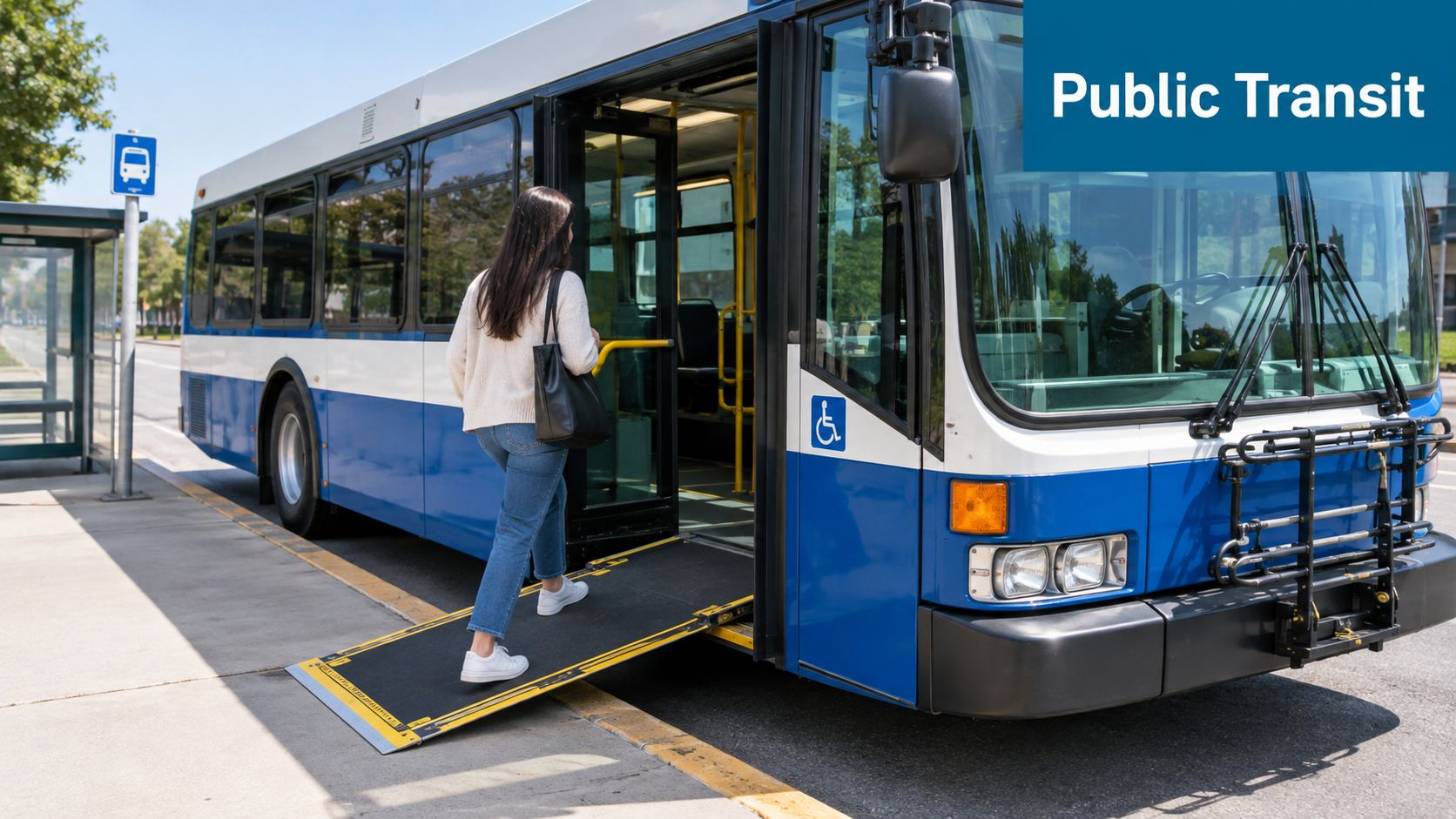 A passenger boards a blue and white city bus using the wheelchair accessible ramp at a stop.