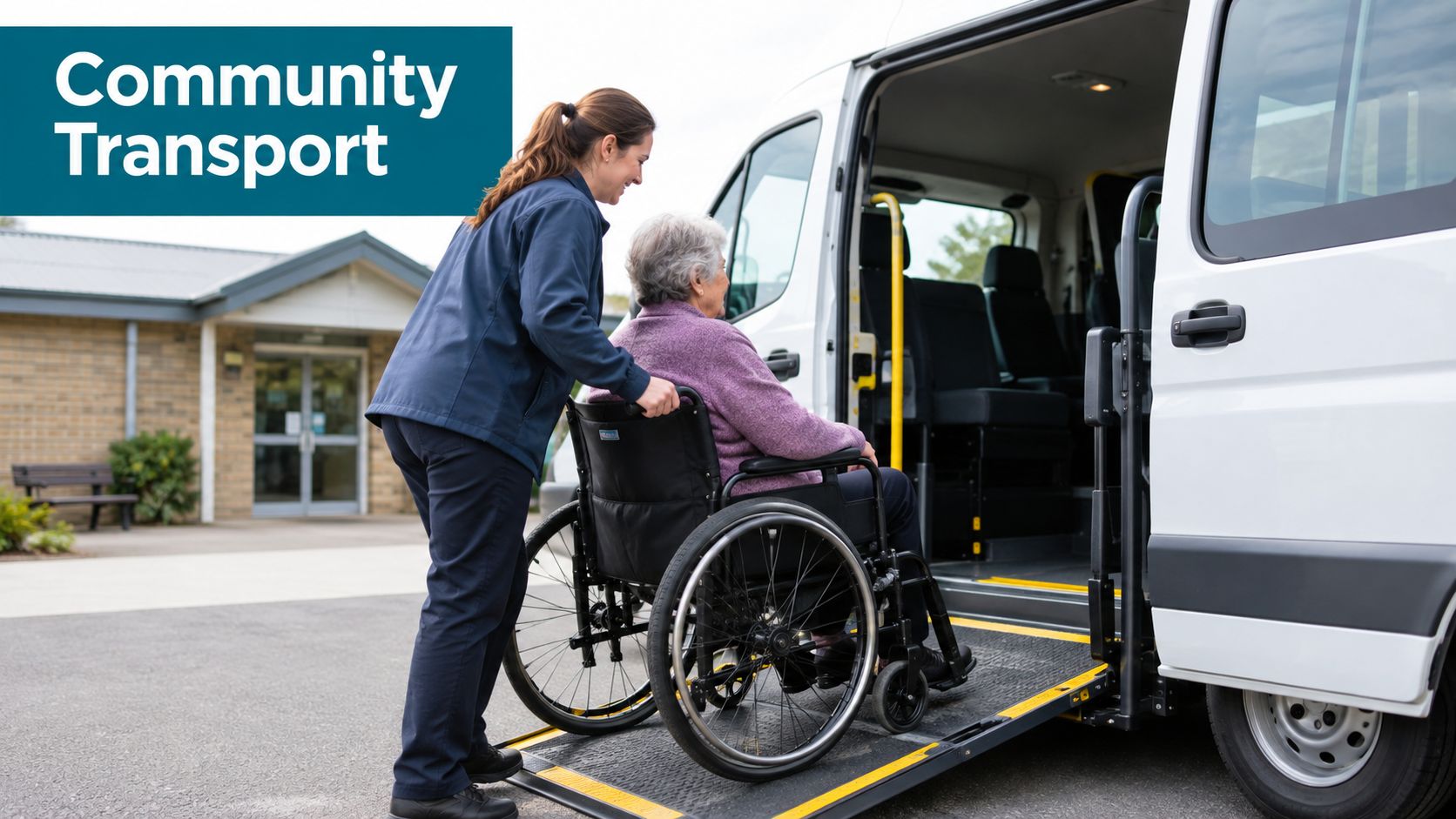A caregiver helps an elderly woman in a wheelchair board a community transport van via ramp.