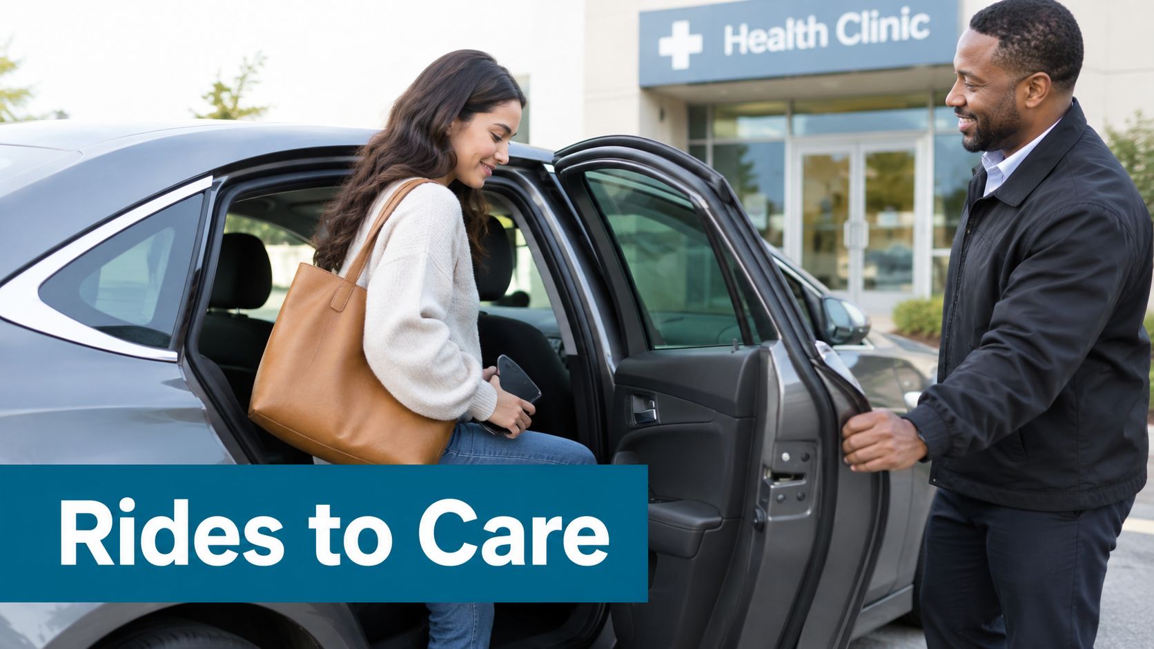 A smiling young woman steps out of a grey car while a male driver holds the door open.