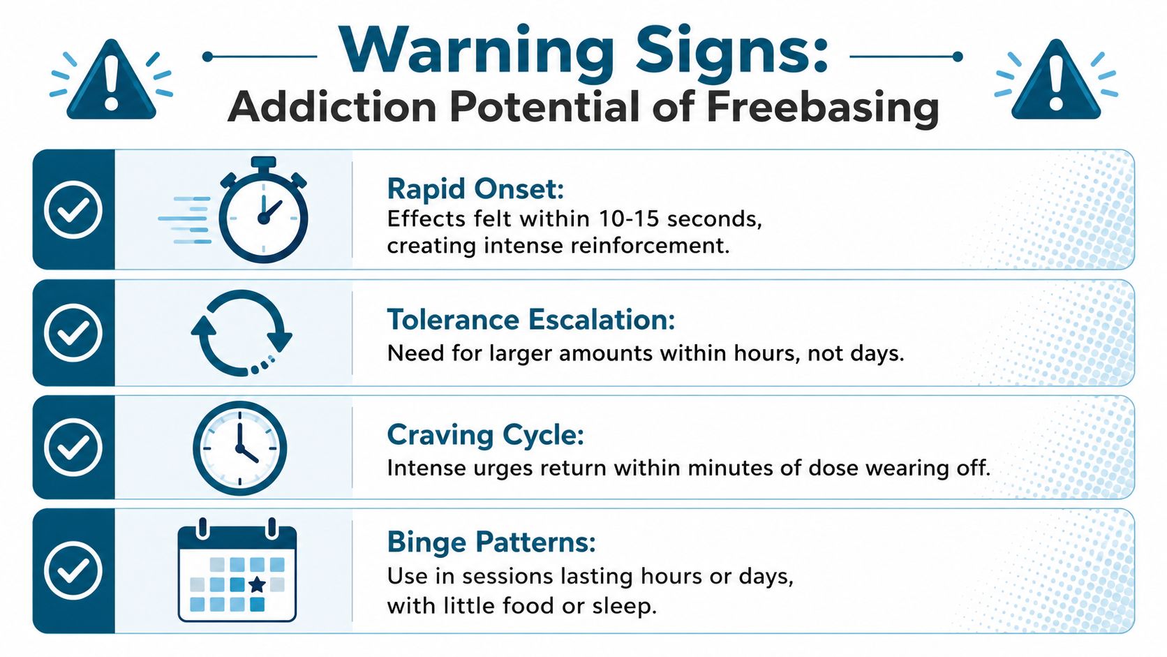 An infographic detailing the addictive signs of freebasing including rapid onset, tolerance, cravings, and binge patterns.