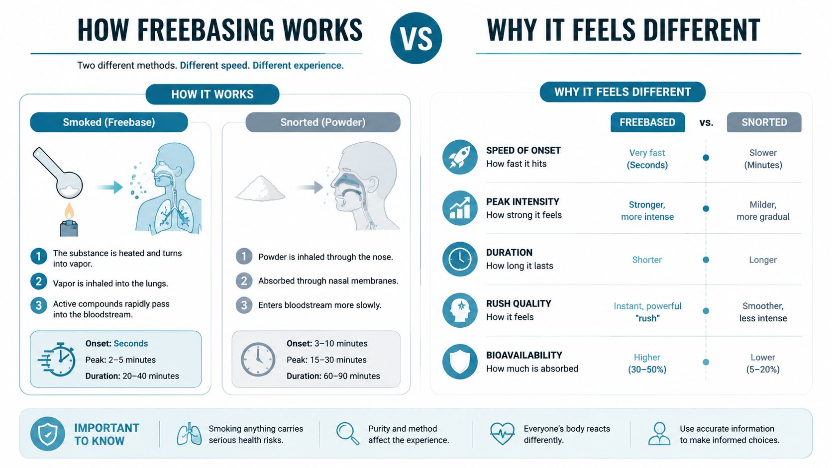 An infographic comparing freebasing versus snorting drugs, detailing biological processes, onset speeds, and intensity of effects.