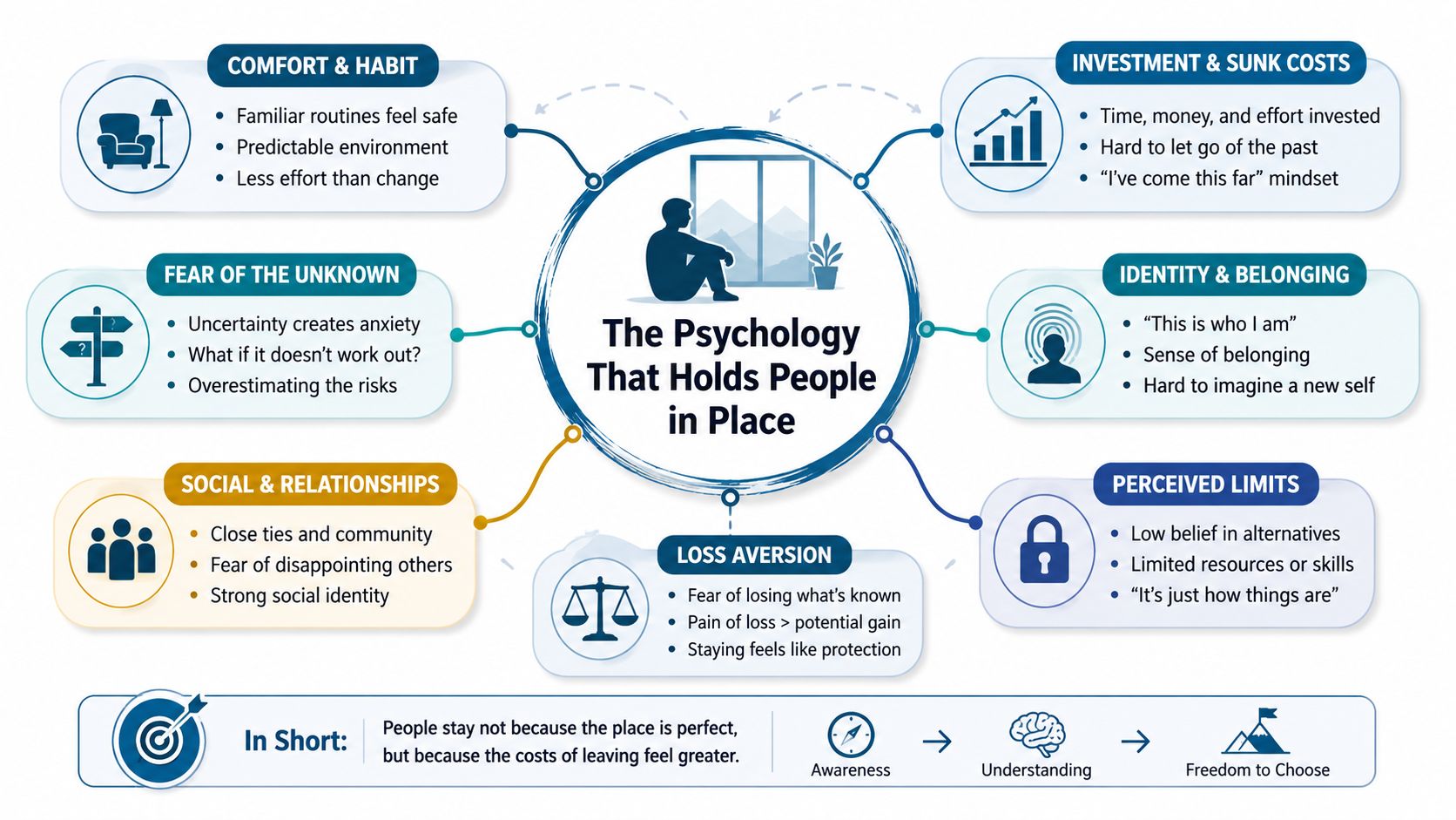 An infographic titled The Psychology That Holds People in Place, illustrating six psychological reasons why individuals remain in stagnant situations.